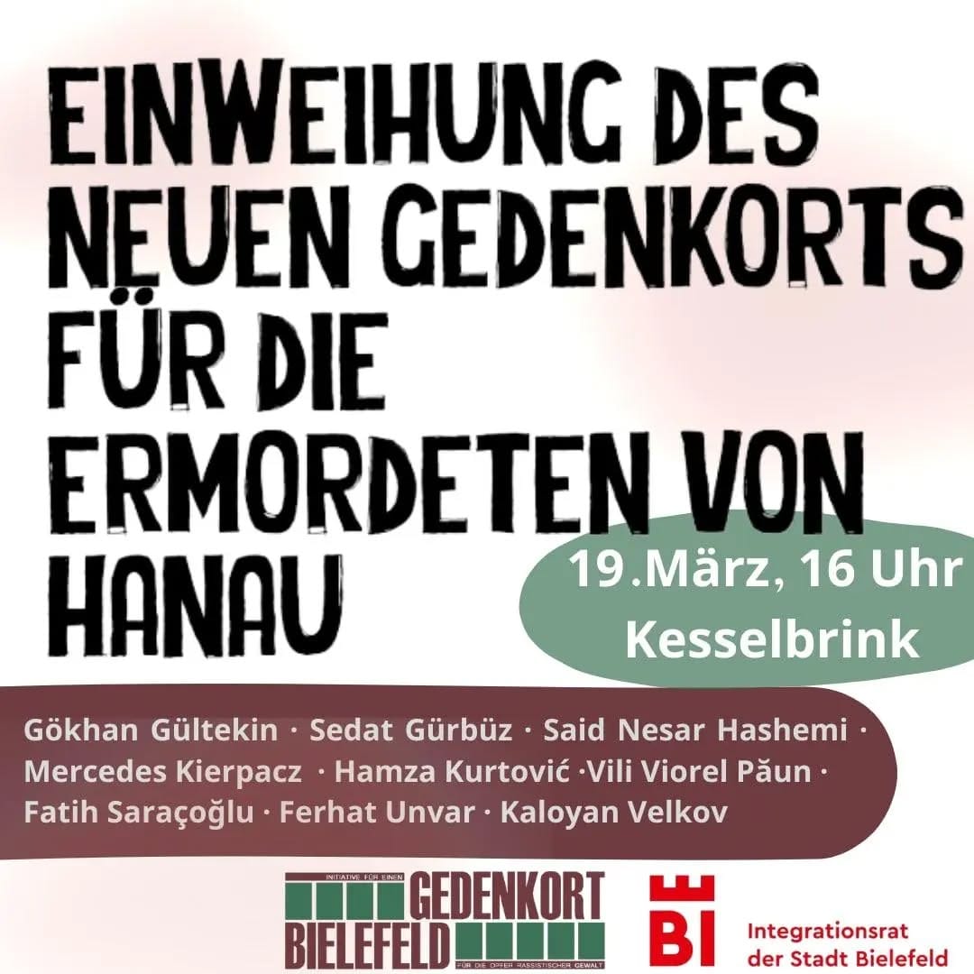 Plakat zur Einweihung des neuen Gedenkorts für die Ermordeten von Hanau am 19. März um 16 Uhr am Kesselbrink, mit den Namen der neun Opfer.