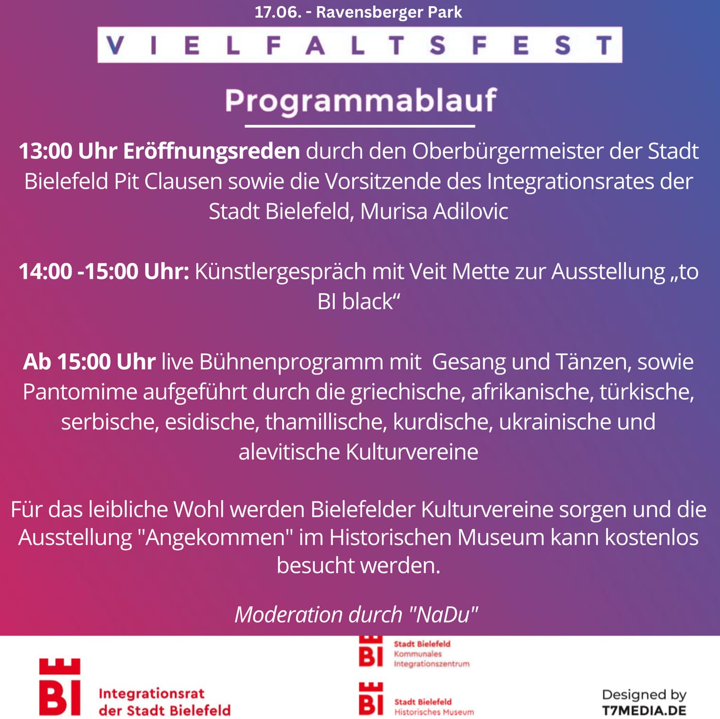 Programmablauf des Vielfaltsfestes am 17. Juni im Ravensberger Park mit Eröffnungsreden, Künstlergespräch und Bühnenprogramm der Bielefelder Kulturvereine.