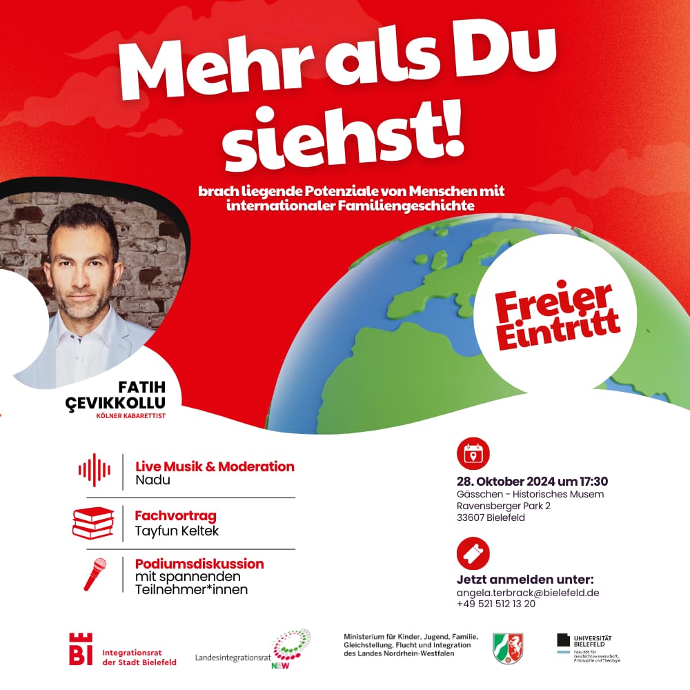 Veranstaltungsplakat „Mehr als Du siehst!“ am 28. Oktober 2024 um 17:30 Uhr im Historischen Museum, mit dem Kabarettisten Fatih Çevikkollu, Fachvortrag und Podiumsdiskussion.