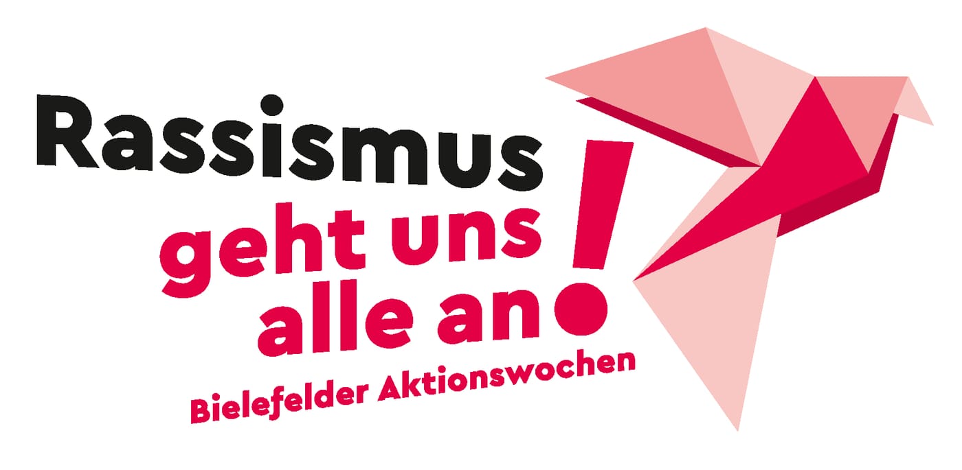 Logo der Bielefelder Aktionswochen „Rassismus geht uns alle an!“ mit einer stilisierten Origami-Taube.